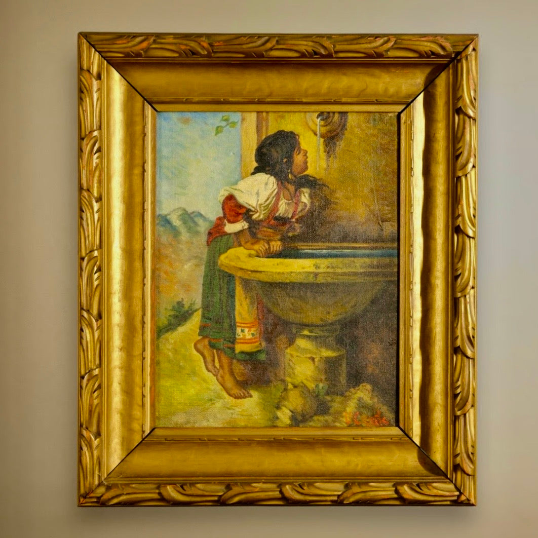 Antique European Figurative Oil Painting, “Girl at the Well,” c. 1900