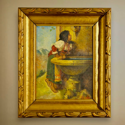 Antique European Figurative Oil Painting, “Girl at the Well,” c. 1900