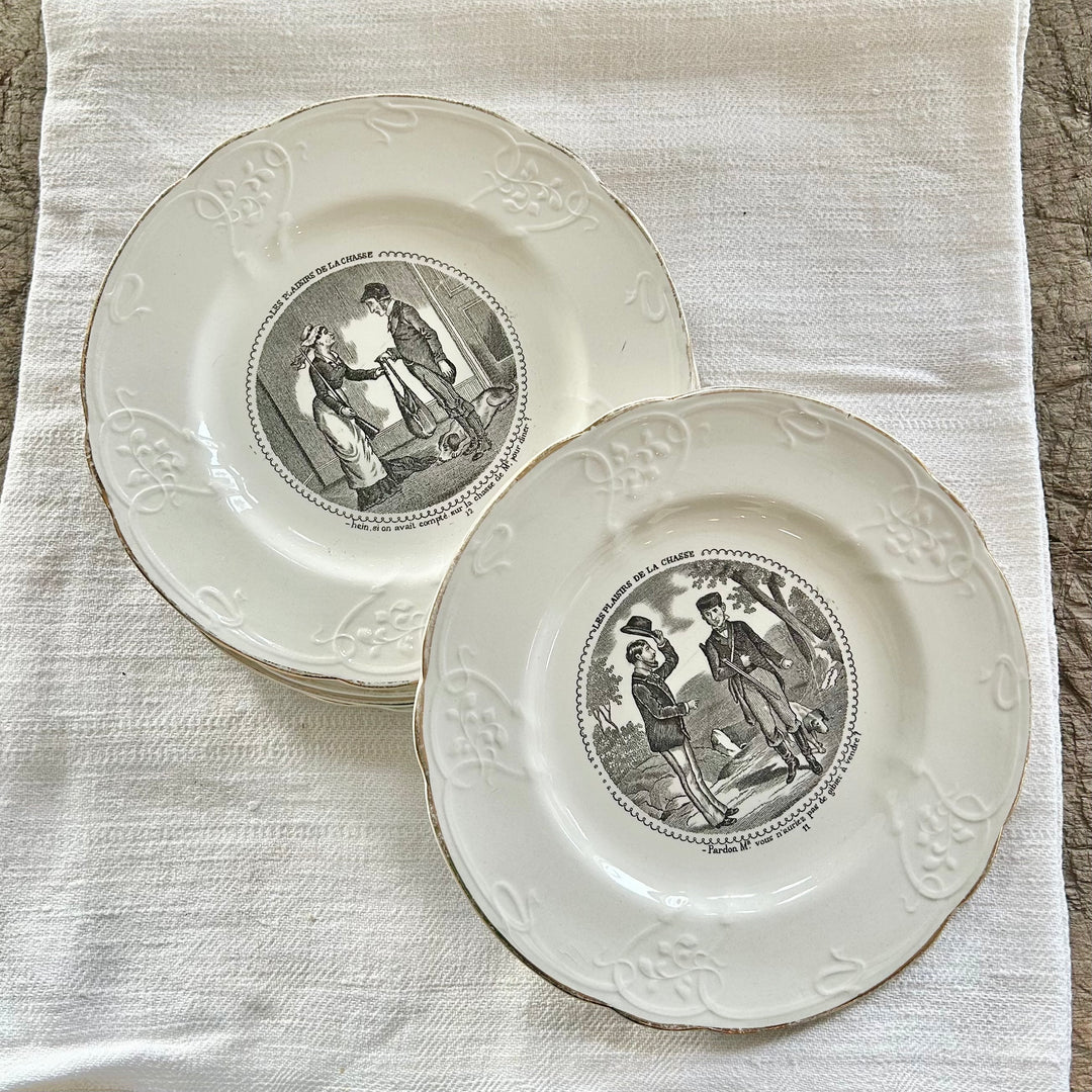 Set of Five Antique French Transferware Plates – Les Plaisirs de la Chasse, c.1850s