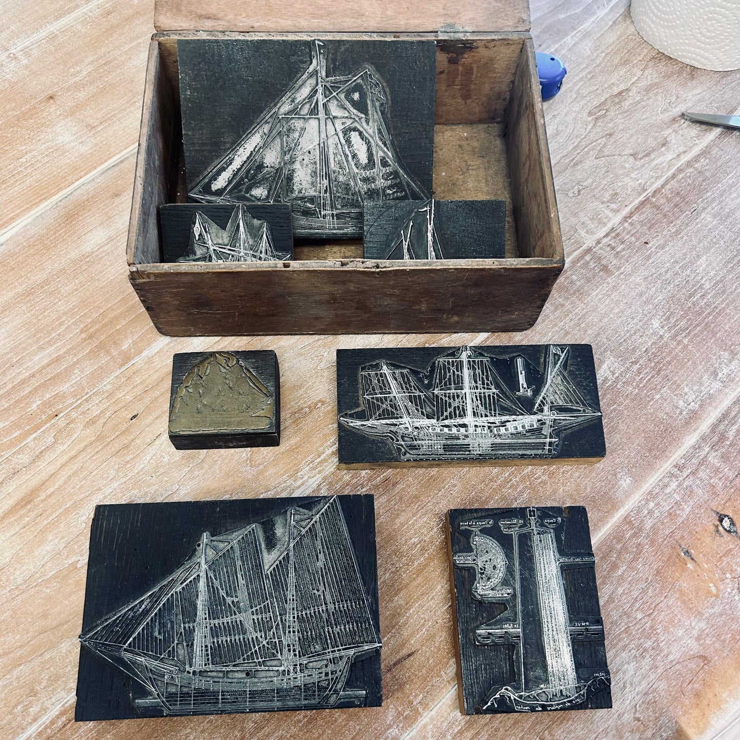 Antique French Maritime Letterpress Printing Blocks in Original Wooden Box
France | Circa 1900–1925