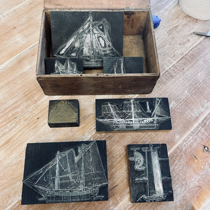 Antique French Maritime Letterpress Printing Blocks in Original Wooden Box
France | Circa 1900–1925
