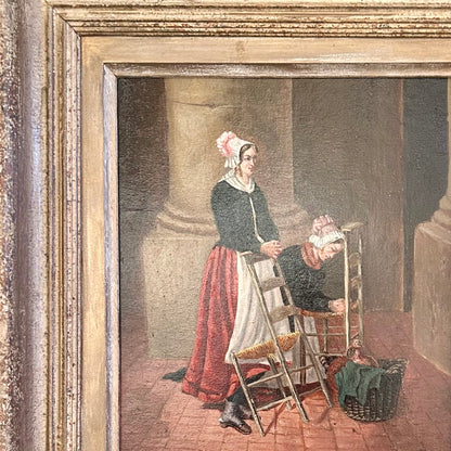 Thoughtful prayers- primitive oil painting in antique frame