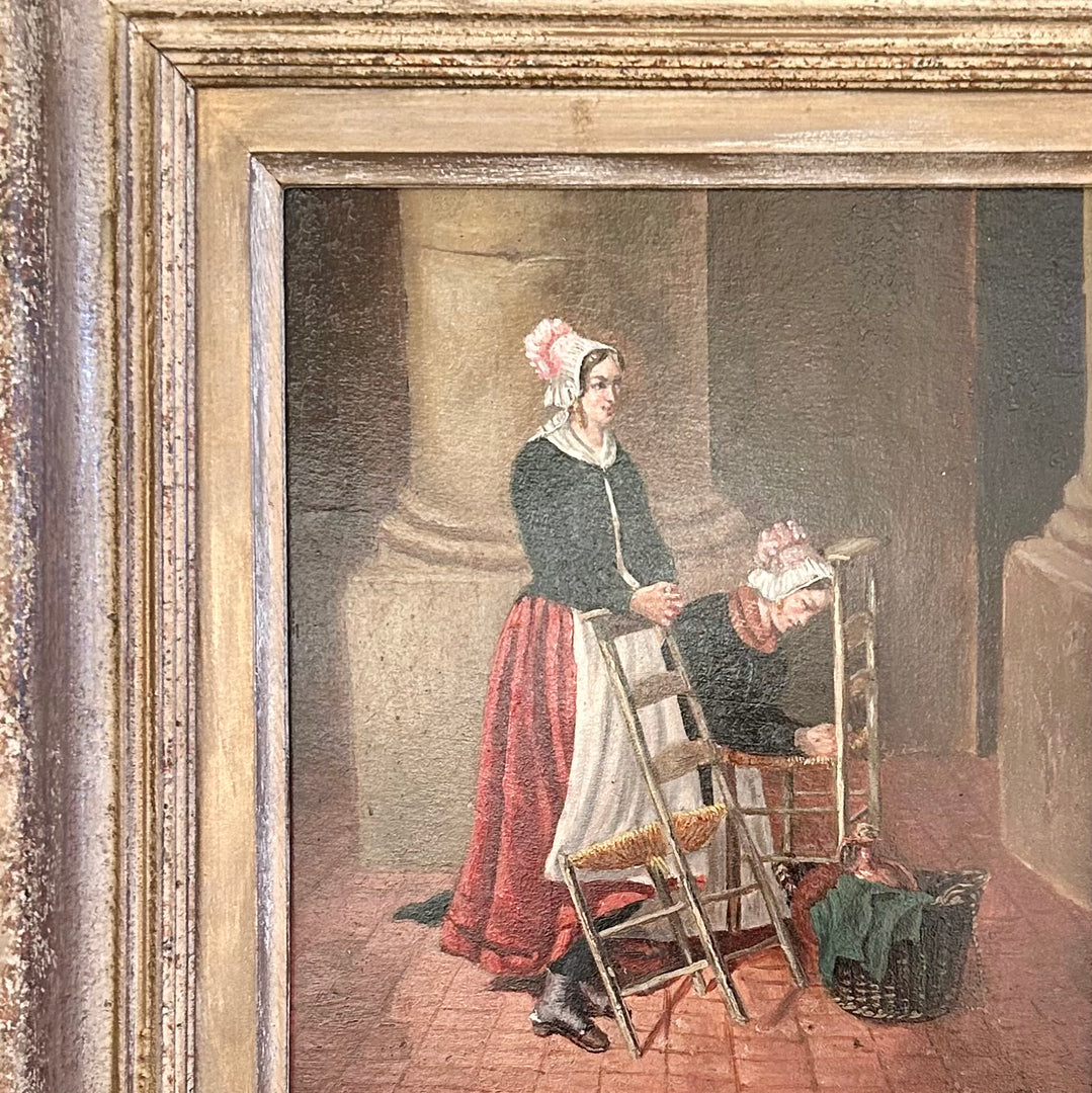 Thoughtful prayers- primitive oil painting in antique frame