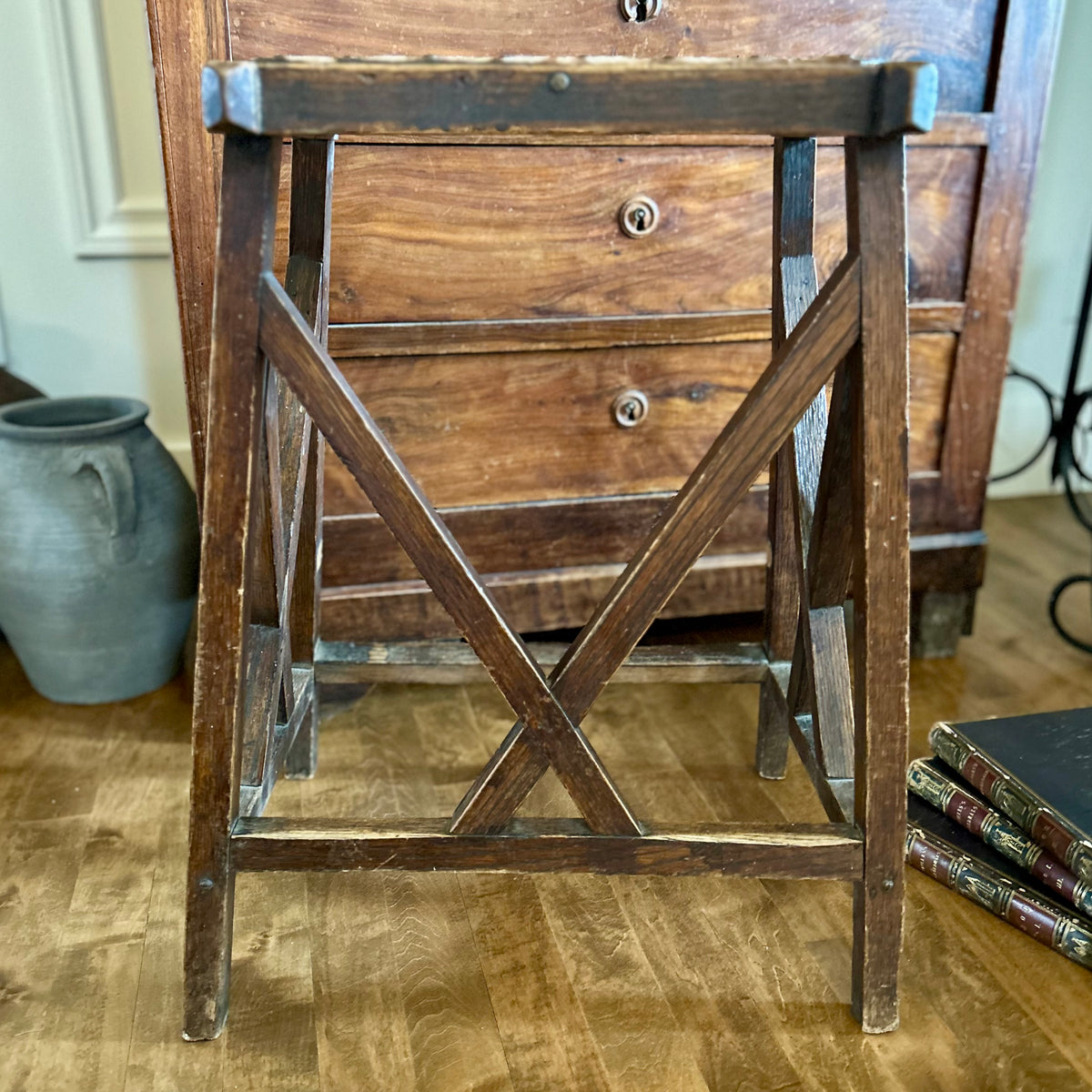 Antique Leather-Topped Wooden Stool | circa 1890–1920