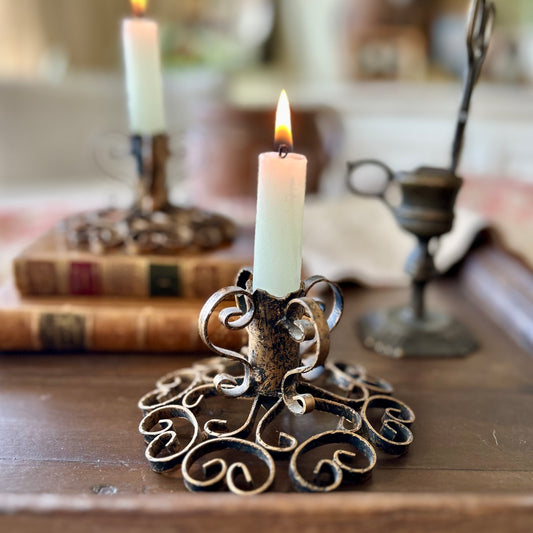 Vintage Spanish Wrought Iron Candlesticks, Pair