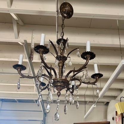 Vintage French-Style Brass & Crystal Six-Light Chandelier