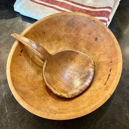 Hand-Turned Wooden Dough Bowl with Carved Scoop