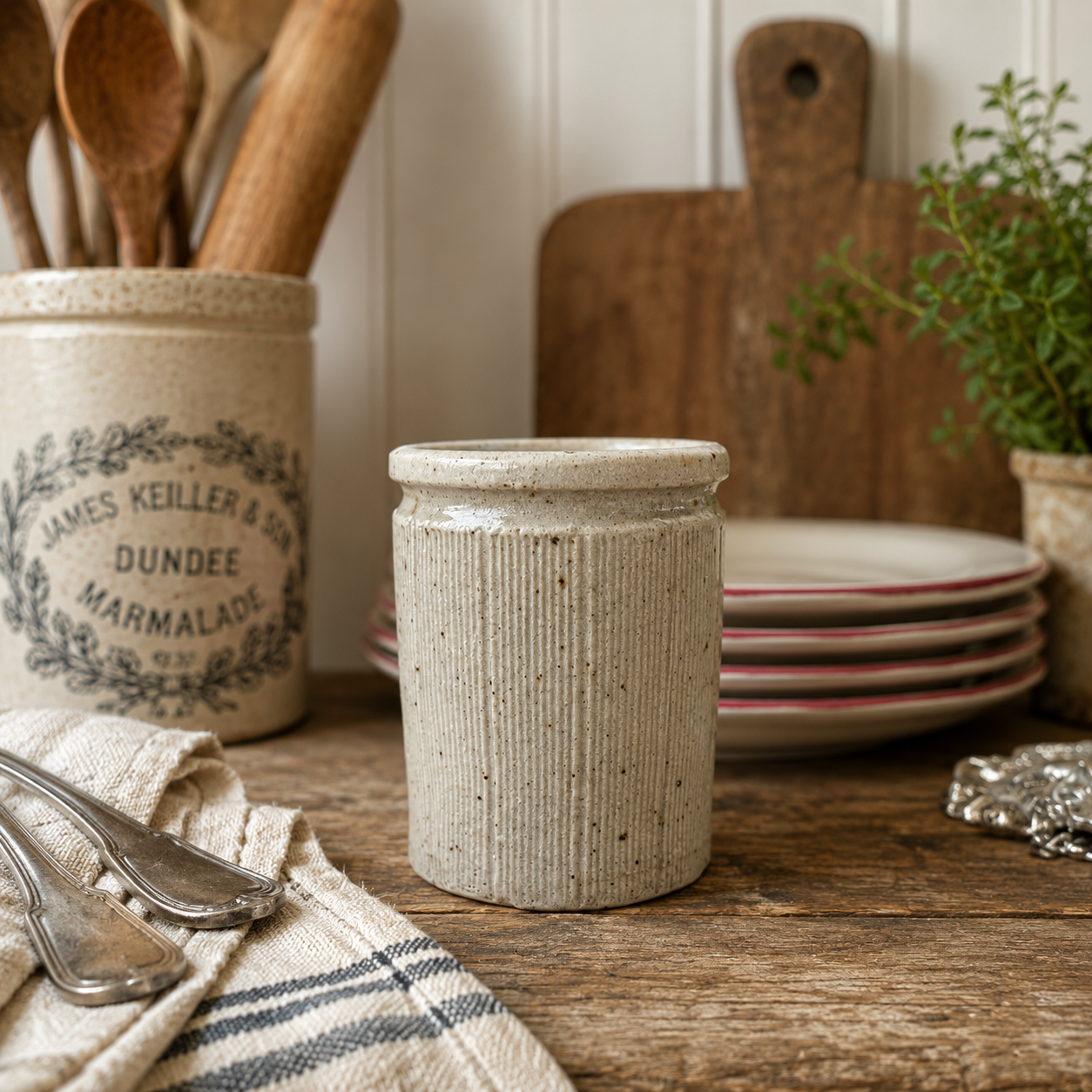 Antique English Ribbed Stoneware Jam Jar, England, c. 1880–1910