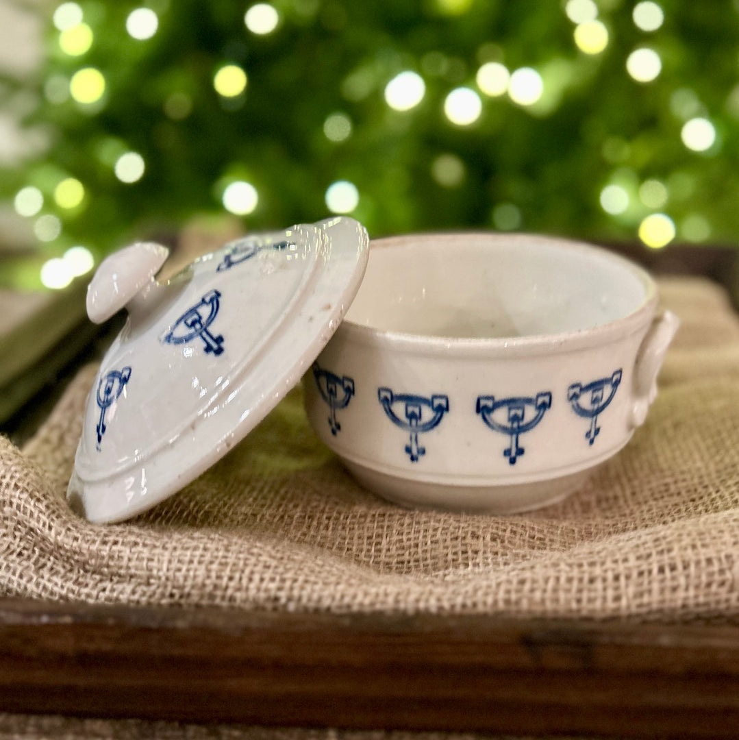 Antique French Faïence Covered Pot with Blue Urn Motif