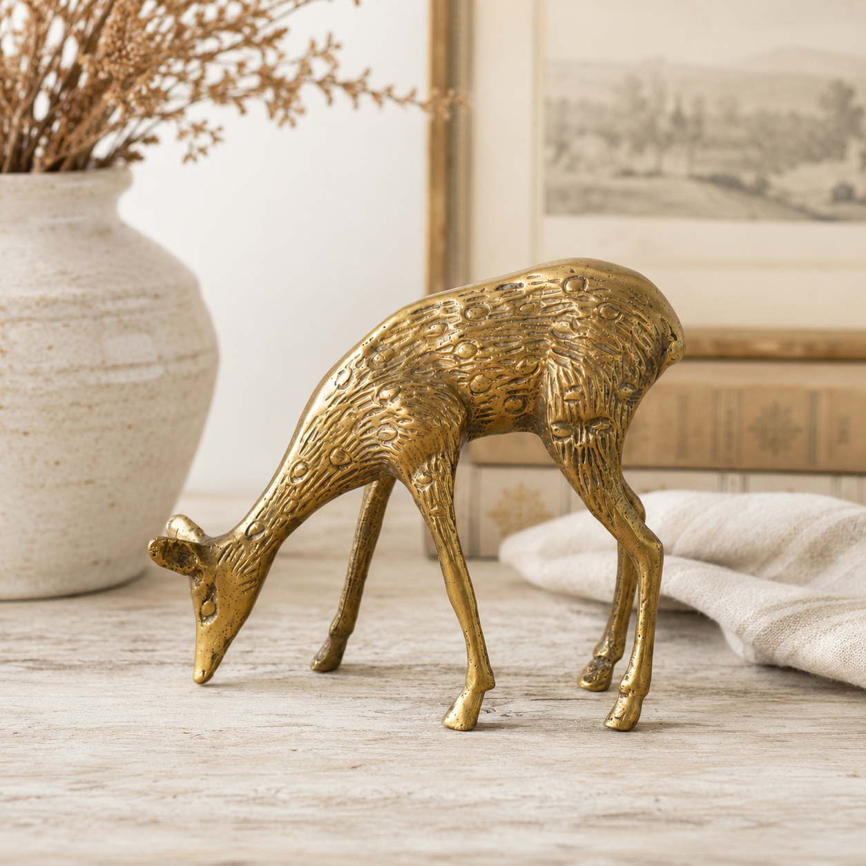 Vintage Cast Brass Grazing Deer Figurine