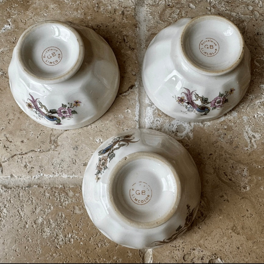 Set of Three French Café au Lait Bowls with Bird Motif

France, c. 1930s–1940s