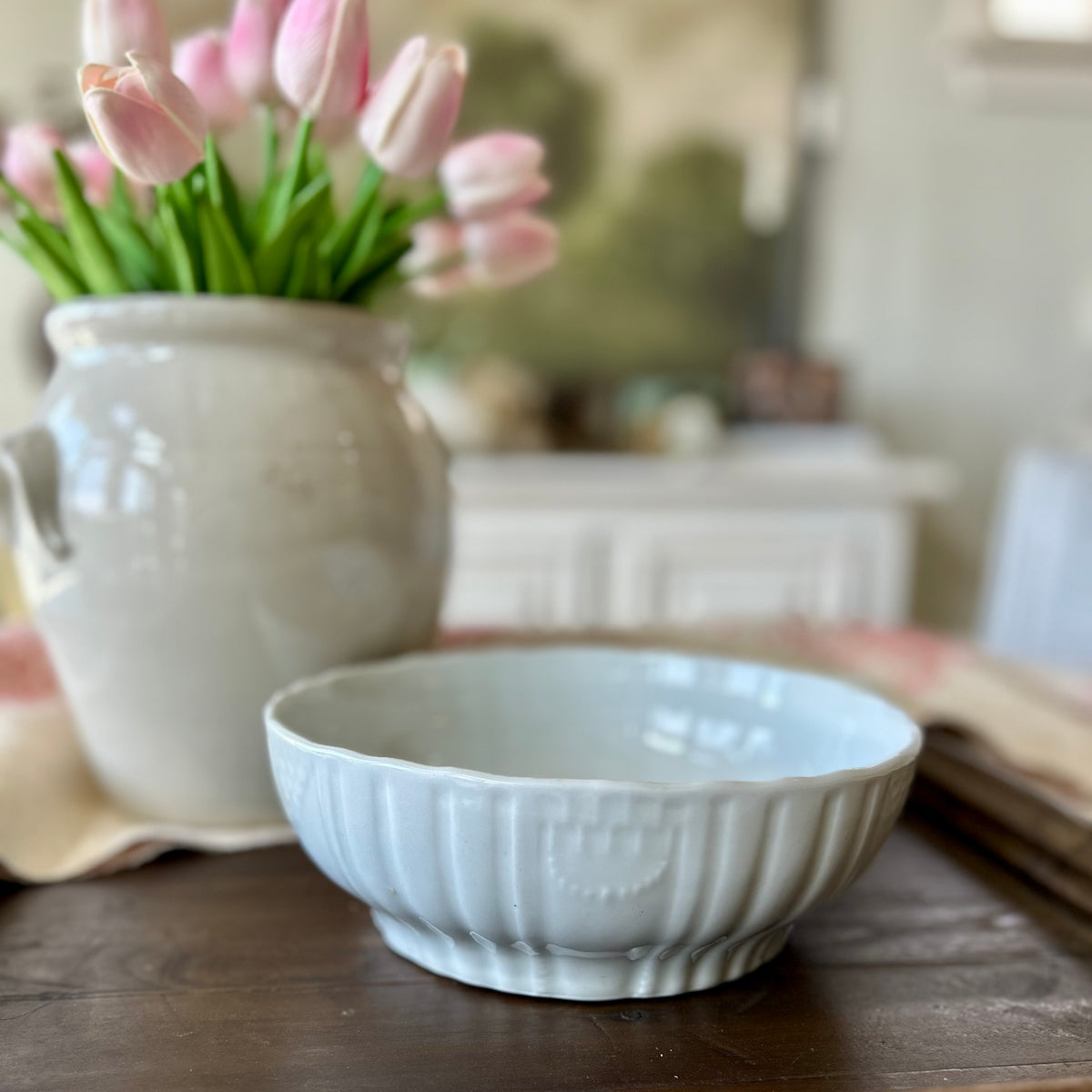 Antique European White Ironstone Serving Bowl with Embossed Detail