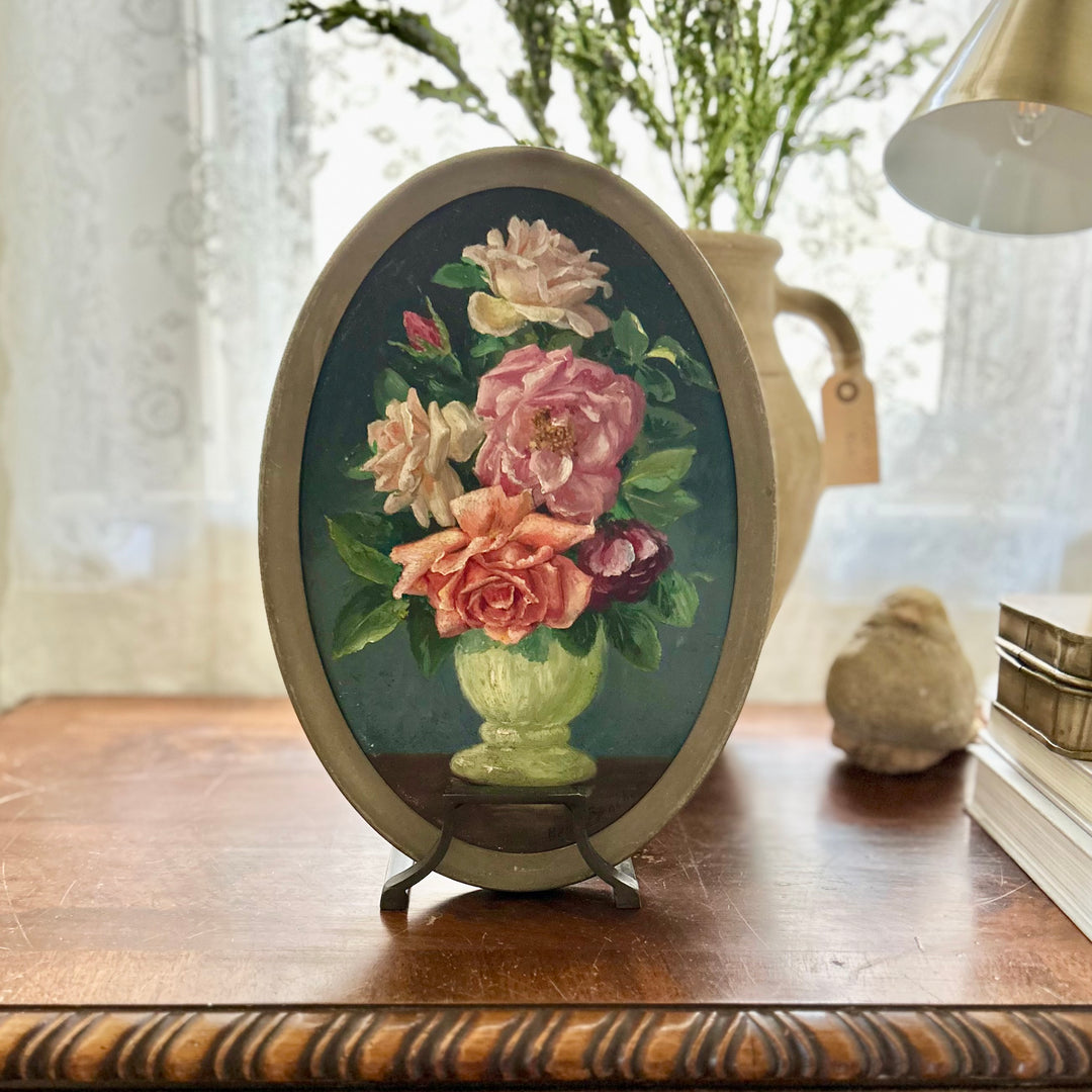 Antique oval floral still life oil on board