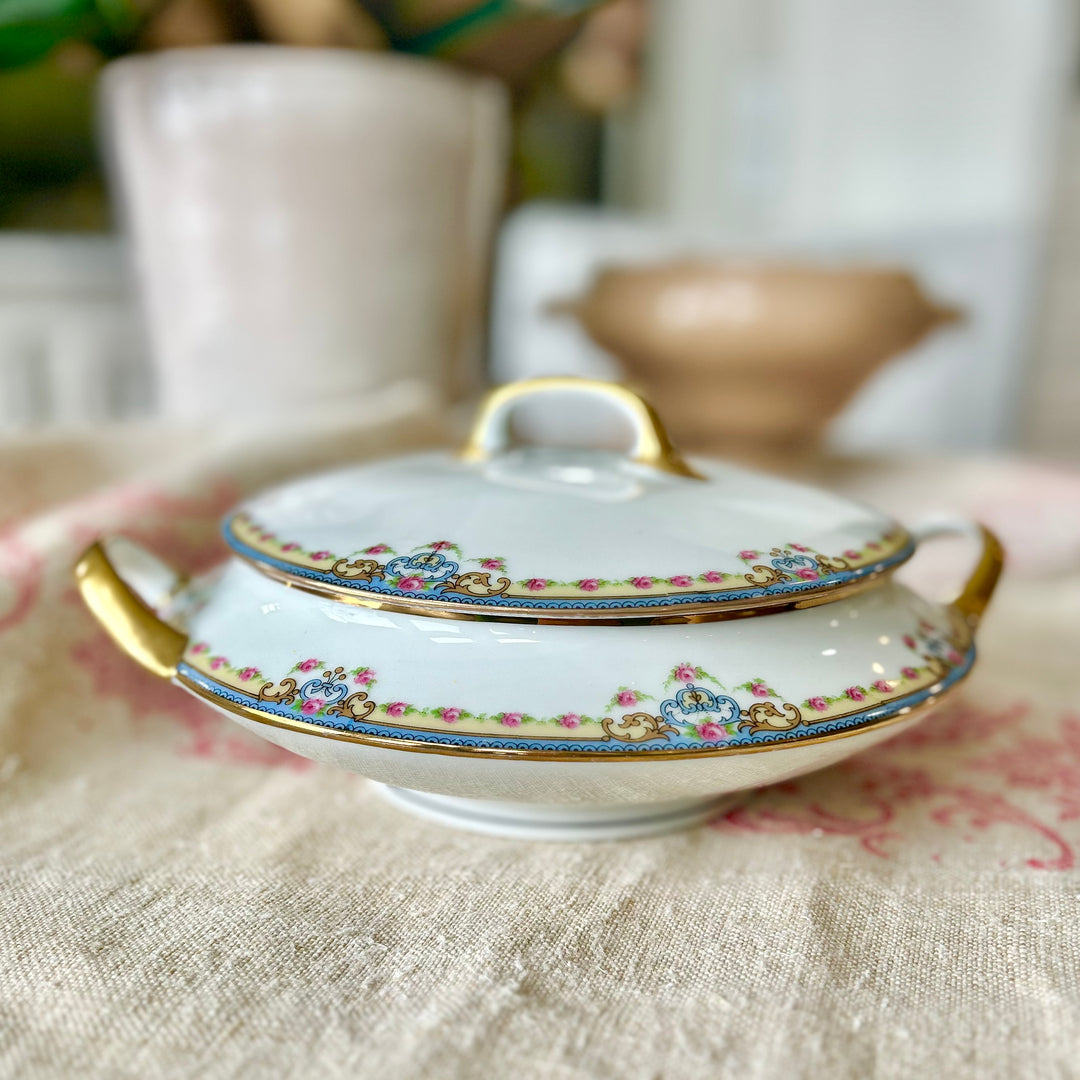 Antique French Porcelain Covered Serving Dish with Floral Garland & Gilt Handles