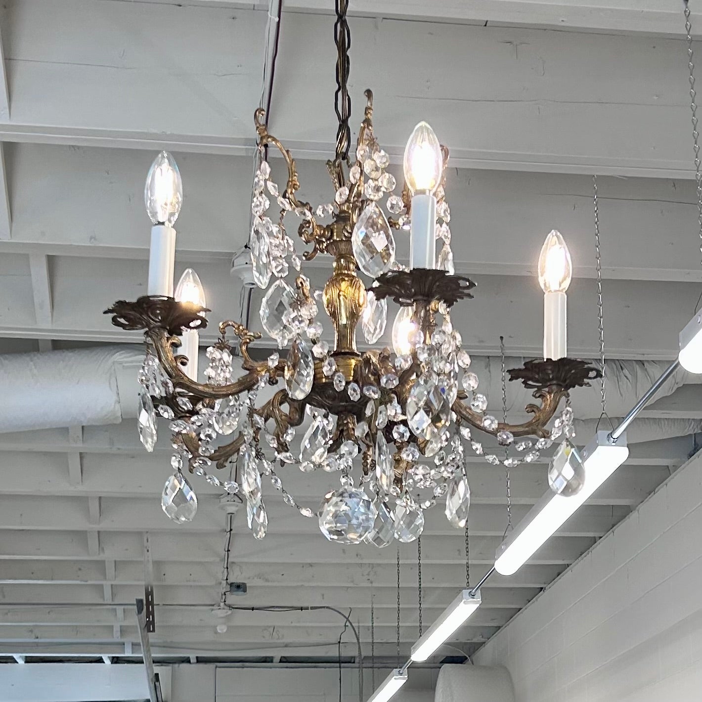 Vintage French Style Cast Brass & Crystal Chandelier