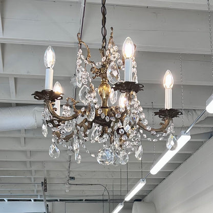 Vintage French Style Cast Brass & Crystal Chandelier