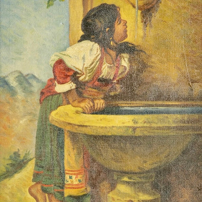 Antique European Figurative Oil Painting, “Girl at the Well,” c. 1900
