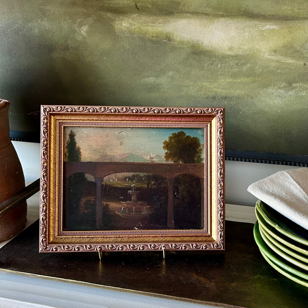 Antique European Fountain Landscape on Wood Panel in vintage style frame