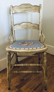Antique Ladder-Back Side Chair with Floral Needlepoint Seat