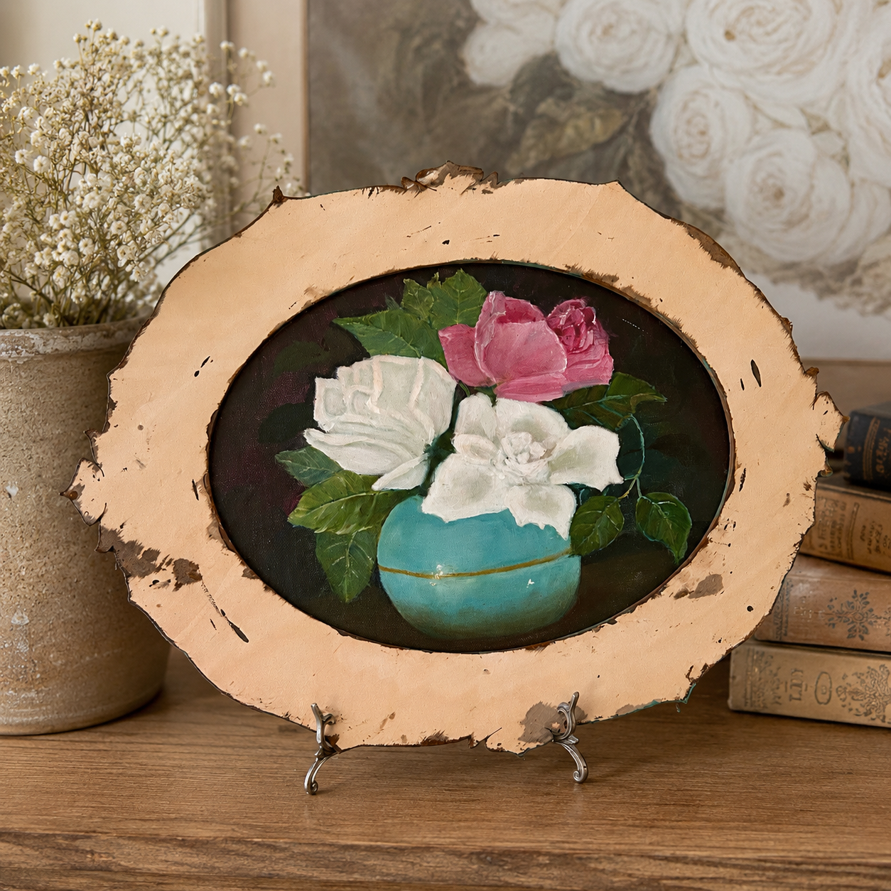Vintage Floral Still Life in Distressed Oval Frame