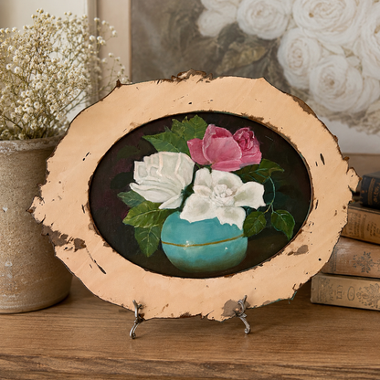 Vintage Floral Still Life in Distressed Oval Frame