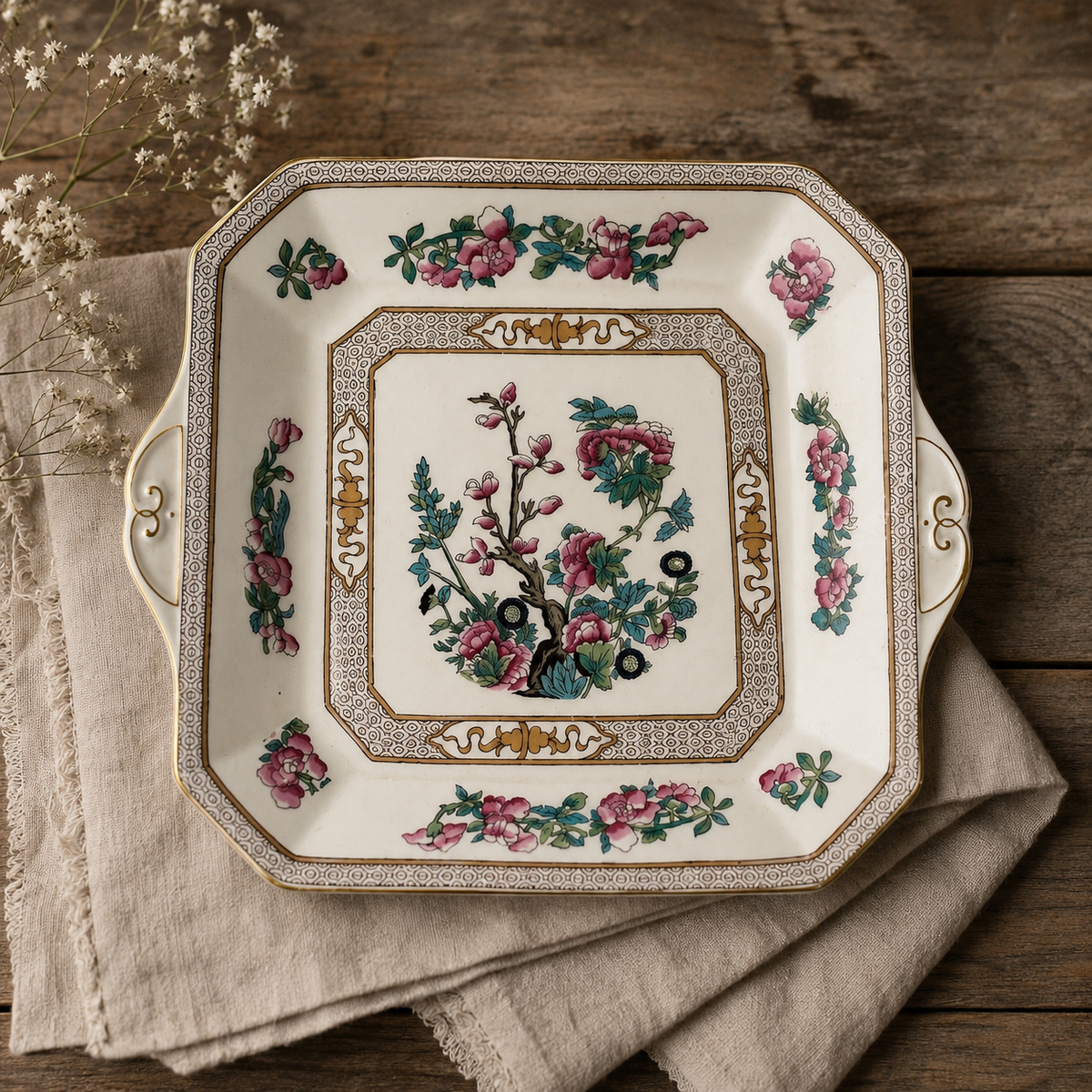 Vintage Myott Chinoiserie Handled Serving Dish, England    c. 1930s–40s