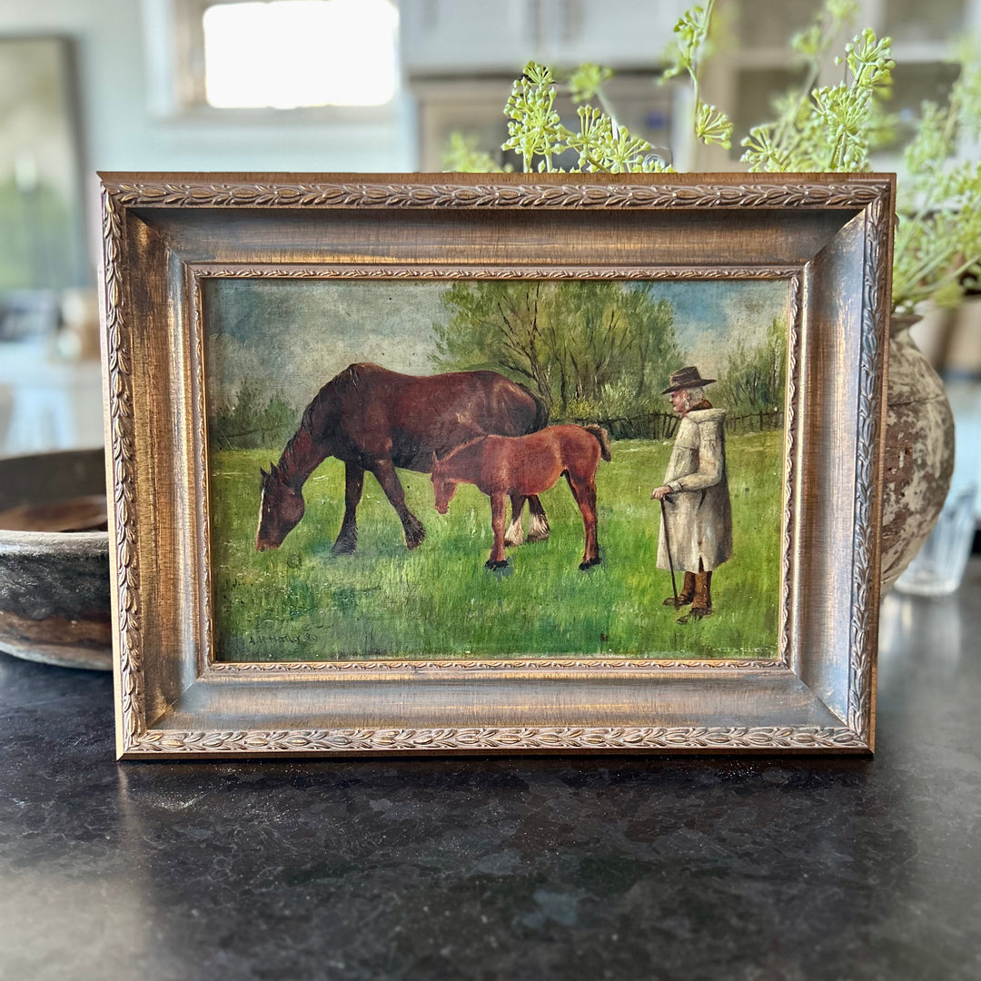Antique Pastoral Horse Painting in Vintage-Style Frame