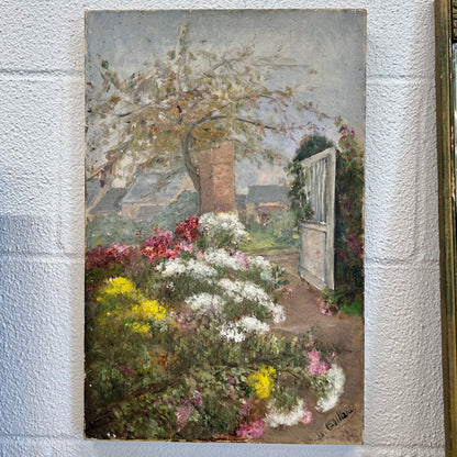 Antique 1896 English Garden Oil Painting – Signed L. Gaillard