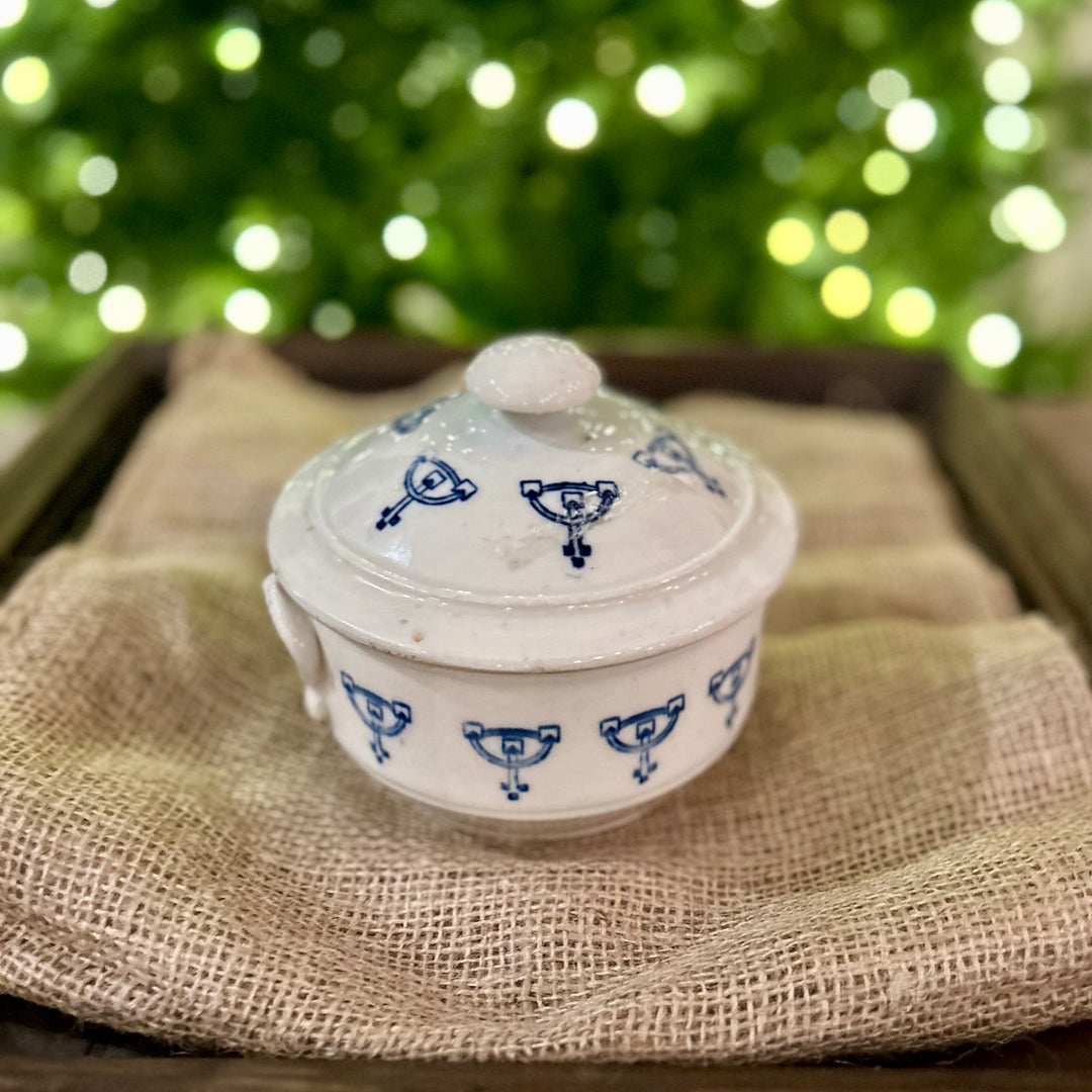 Antique French Faïence Covered Pot with Blue Urn Motif