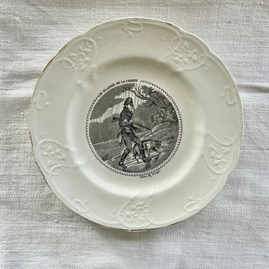 Set of Five Antique French Transferware Plates – Les Plaisirs de la Chasse, c.1850s