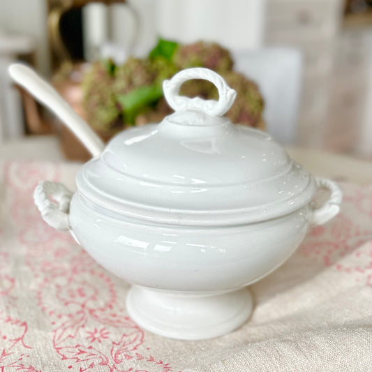 Antique French White Ironstone Pedestal Tureen with Lid & Ladle Circa 1880–1920