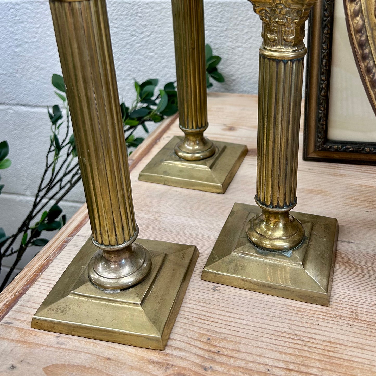 Antique Brass Neoclassical Column Candlesticks | Set of Three