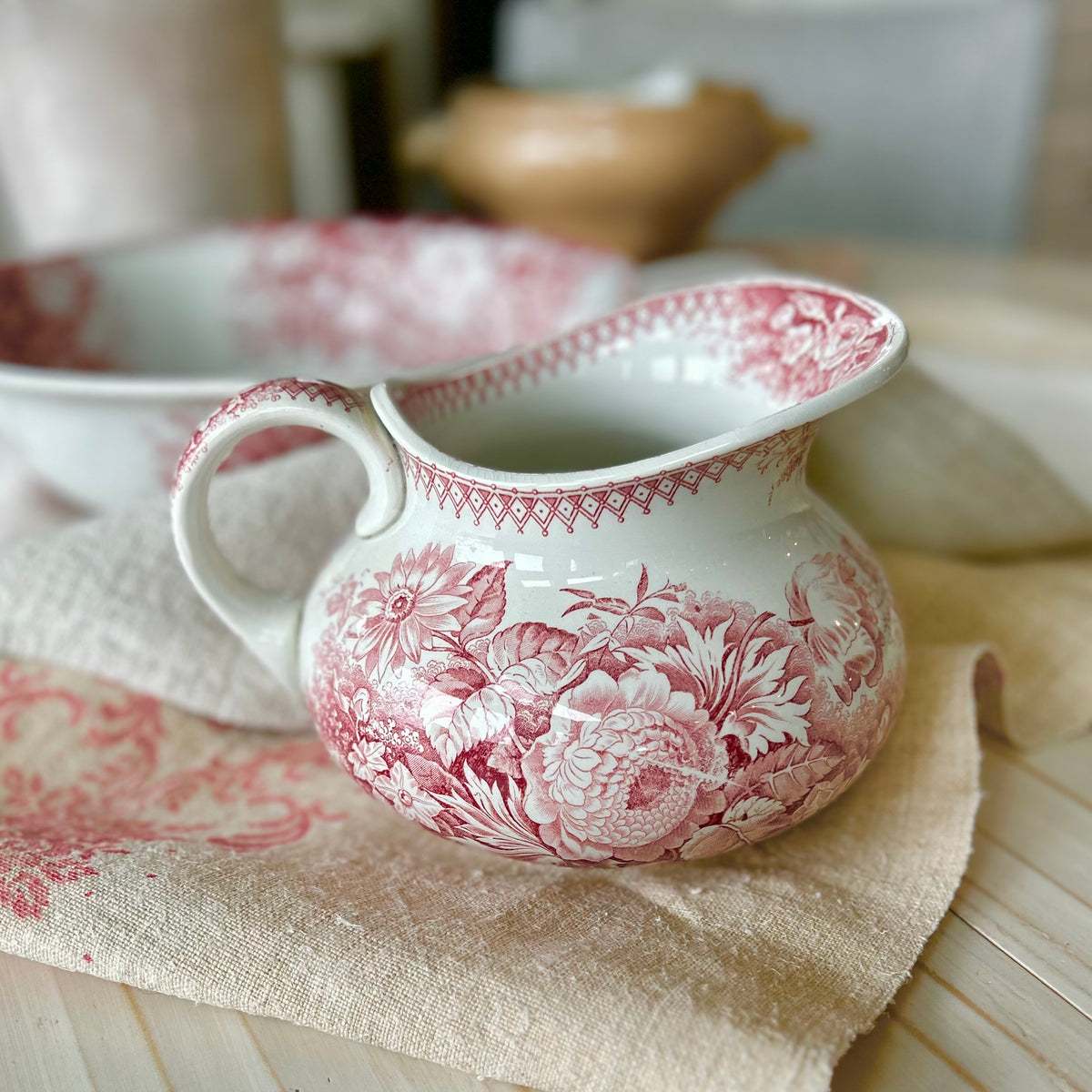 Antique Sarreguemines Rose Transferware Washstand Set