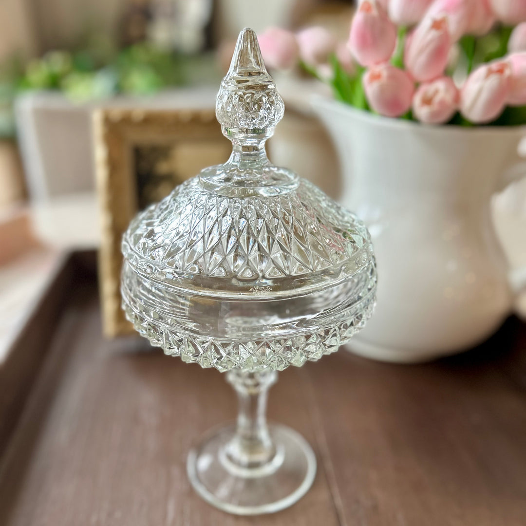Vintage Indiana Glass Pedestal Candy Jar with Lid