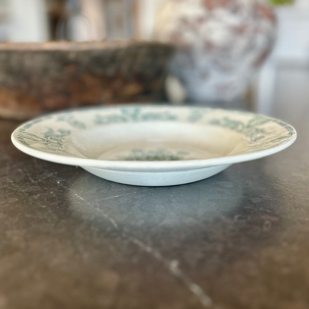 Antique French Faïence Soup Plate | KG Lunéville | Green Transferware Border