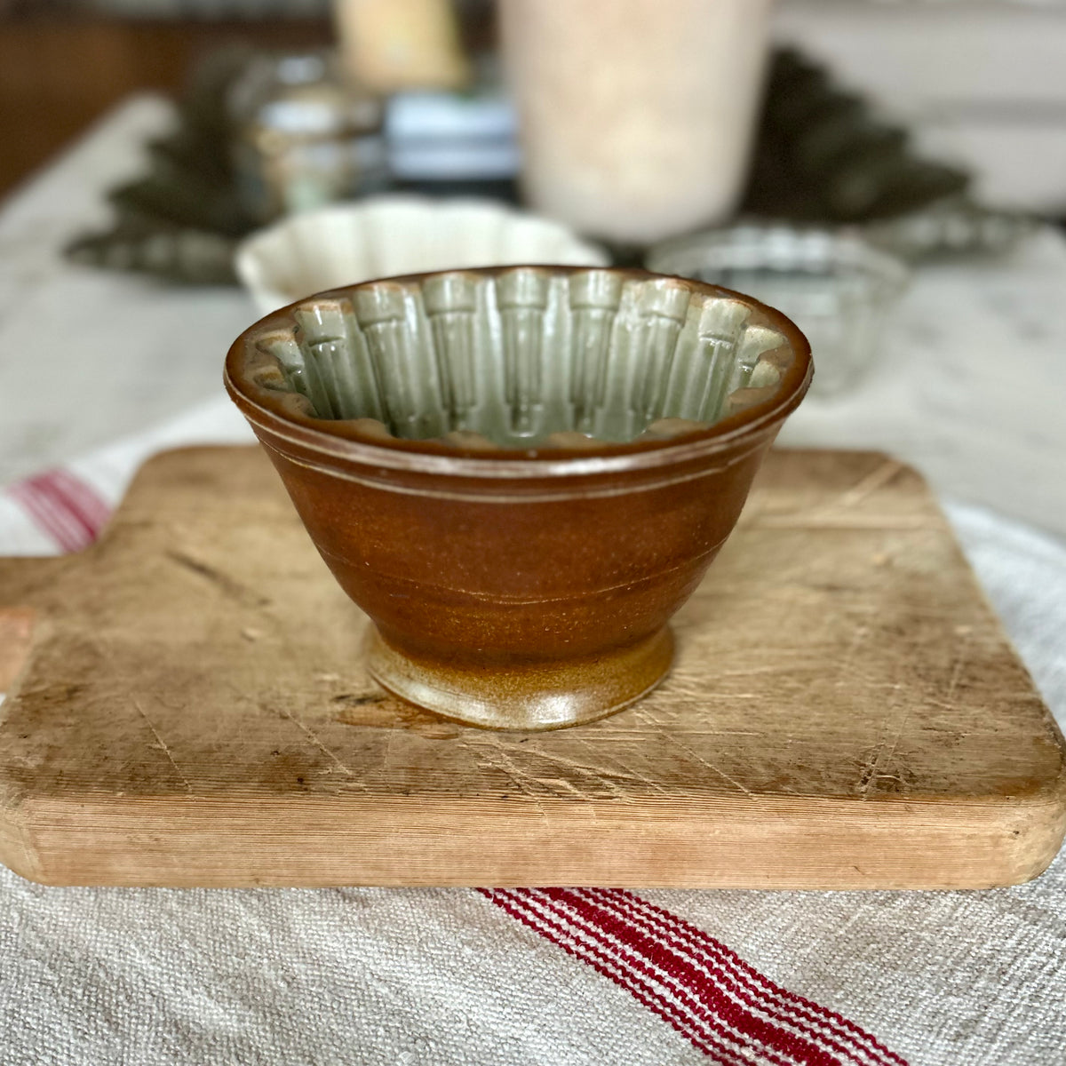 Antique Stoneware Pudding Mold / Jelly Mold with Olive Glaze