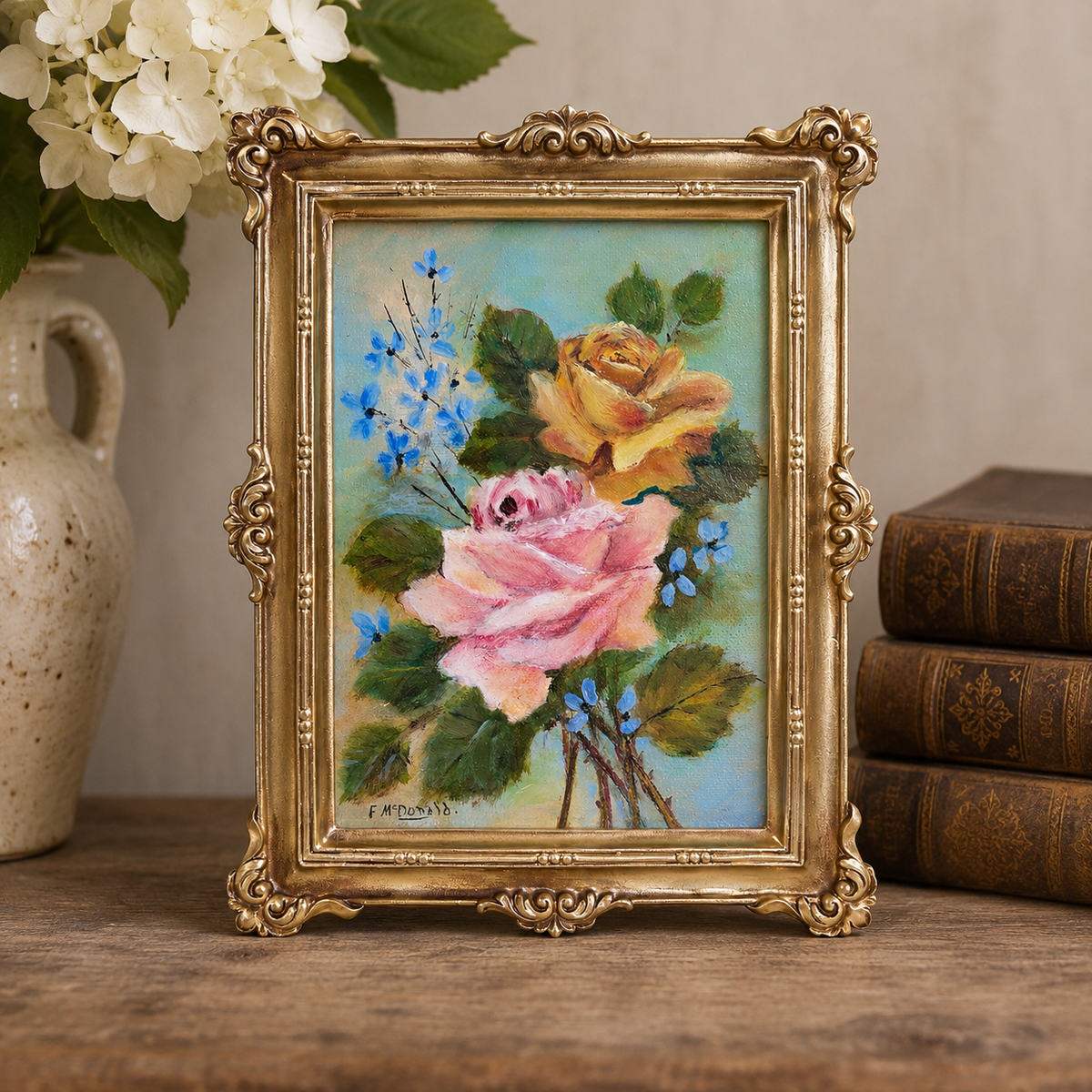 Vintage Floral Oil Painting, Signed F. McDonald