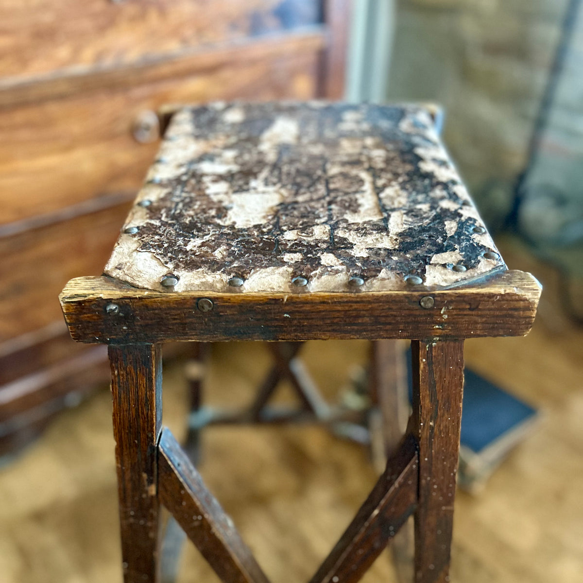 Antique Leather-Topped Wooden Stool | circa 1890–1920