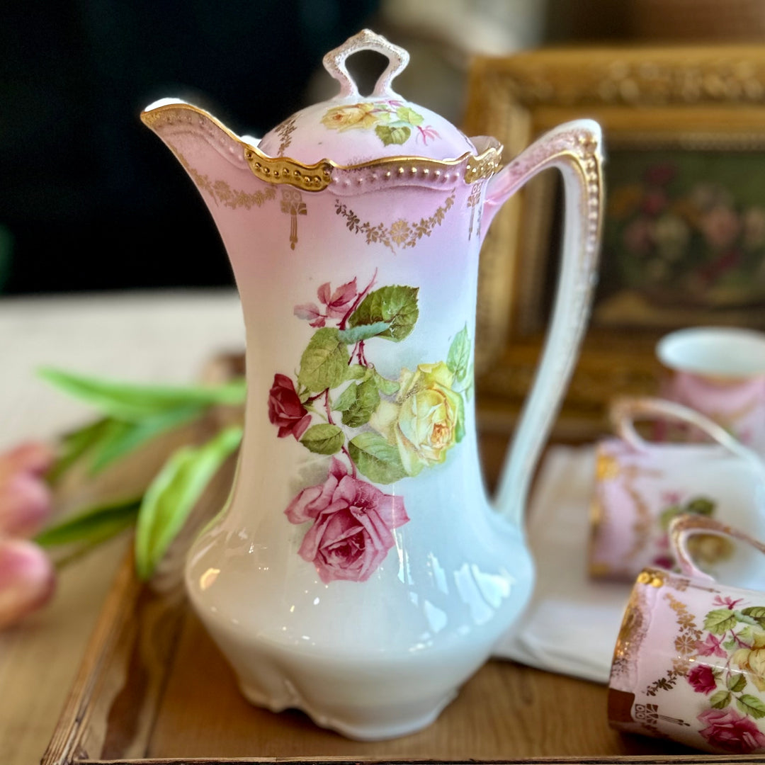 Antique P.K. Silesia Prussian Porcelain Chocolate Service with Hand-Painted Roses Circa 1890-1910