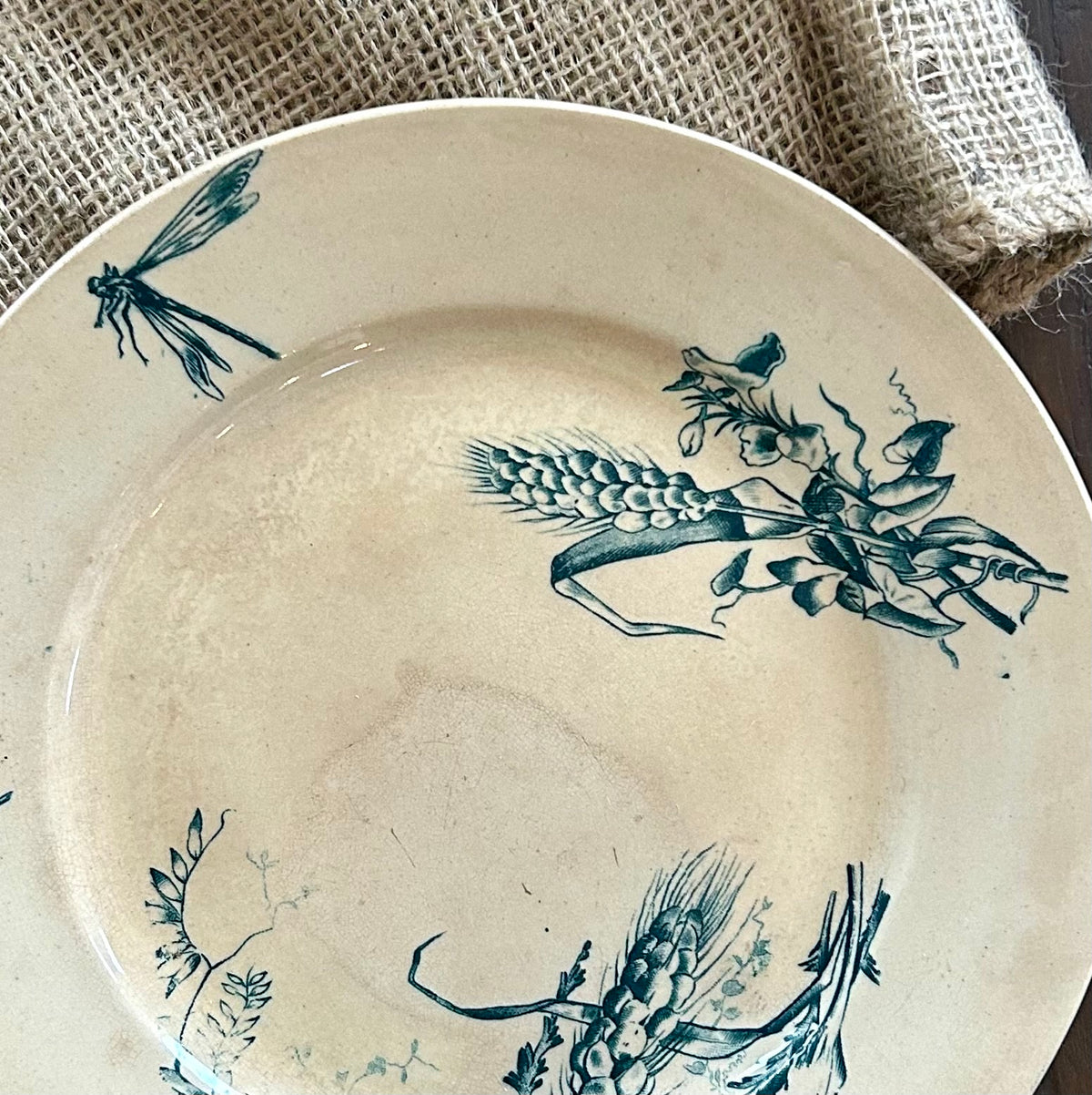 Antique French Faïence Plate with Dragonfly & Wheat Motif