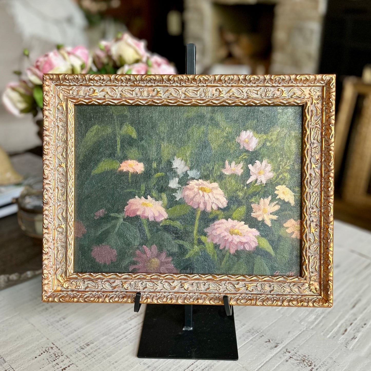 Original Oil Floral Painting in Vintage-Style Frame by Jacob Mark
