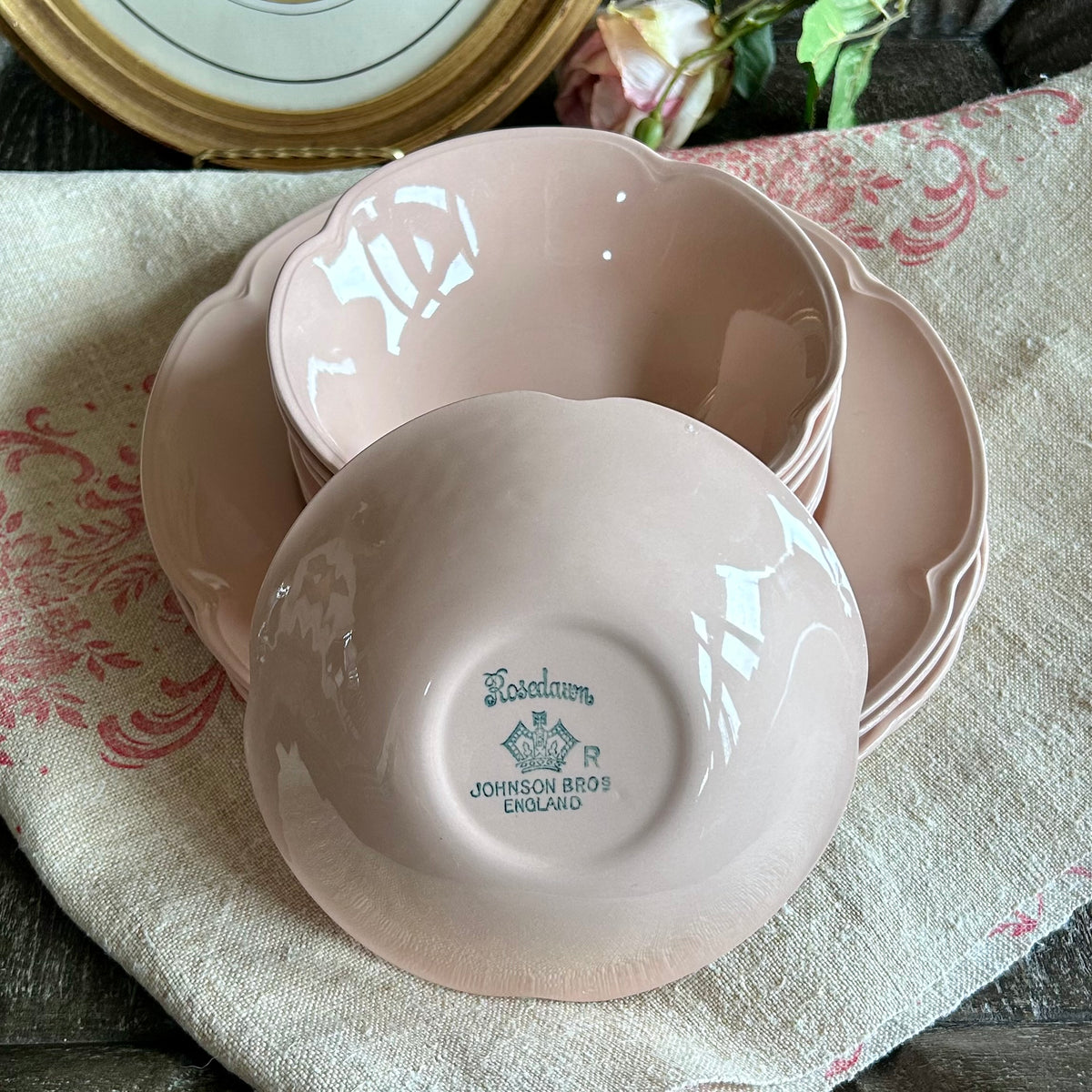 Johnson Bros. “Rosedawn” Pink Ironstone two Place Settings (chippy)
