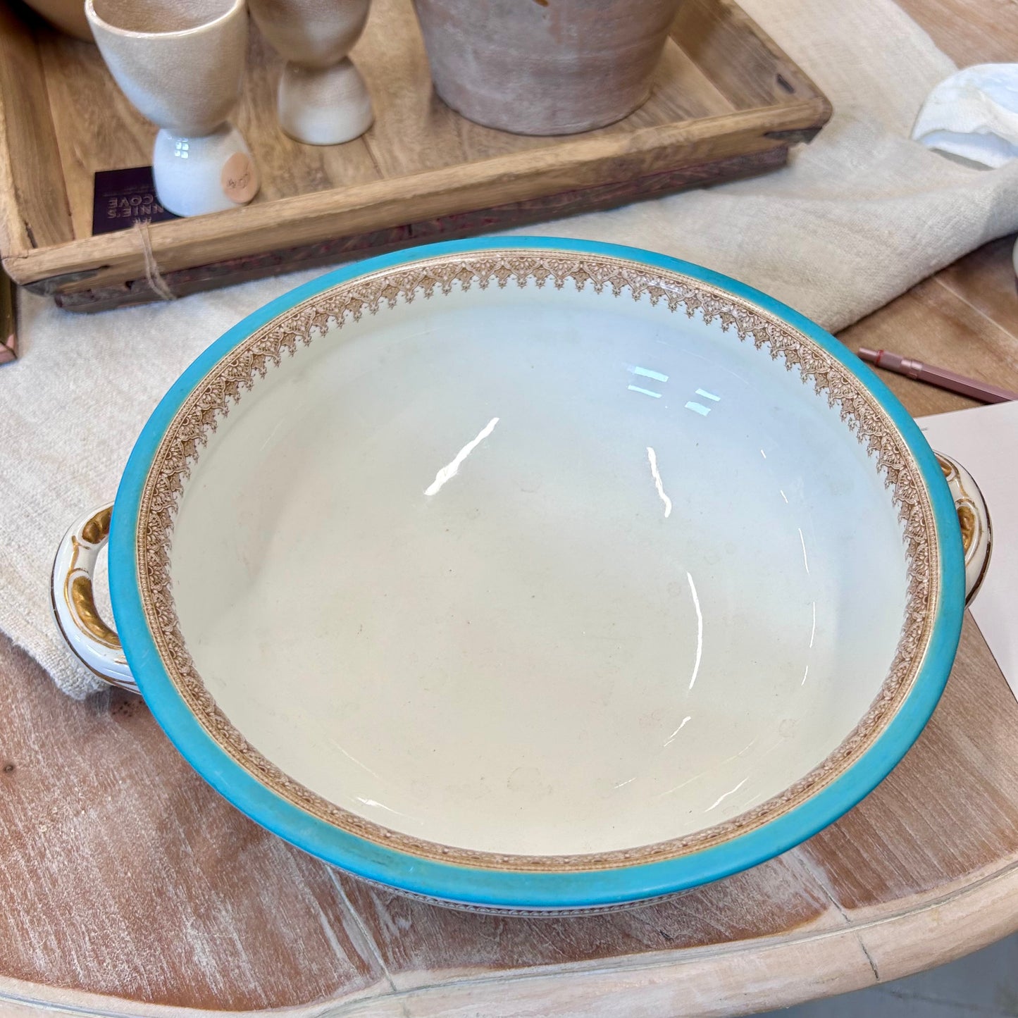 Antique Royal Worcester Vitreous Turquoise & Gilt Handled Serving Bowl