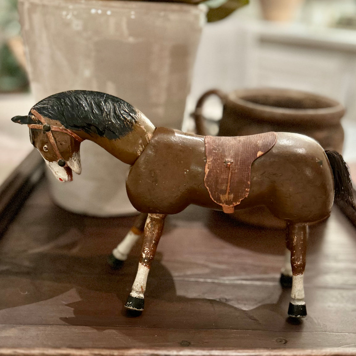 Antique Articulated Wooden Toy Horse with Original Leather Tack | Circa 1890