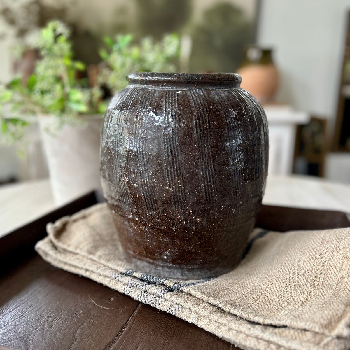 Vintage Turkish Brown Glazed Pottery Vesse