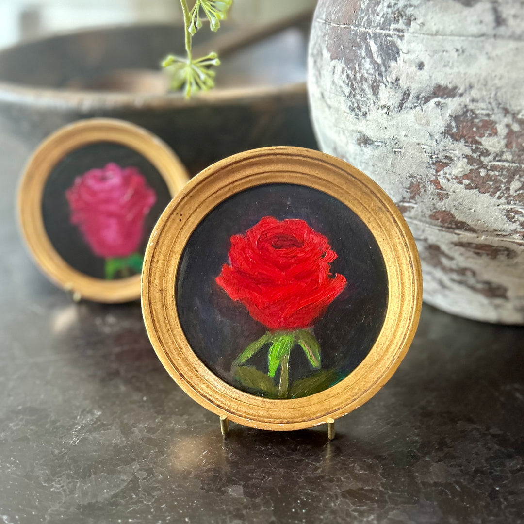 Miniature Rose Oil Paintings in Gilt Frames