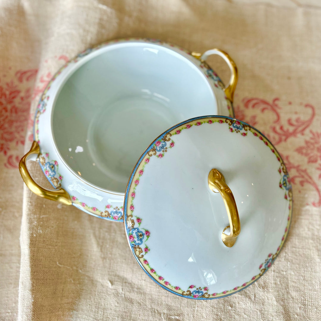Antique French Porcelain Covered Serving Dish with Floral Garland & Gilt Handles