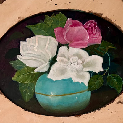 Vintage Floral Still Life in Distressed Oval Frame