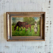 Antique Pastoral Horse Painting in Vintage-Style Frame