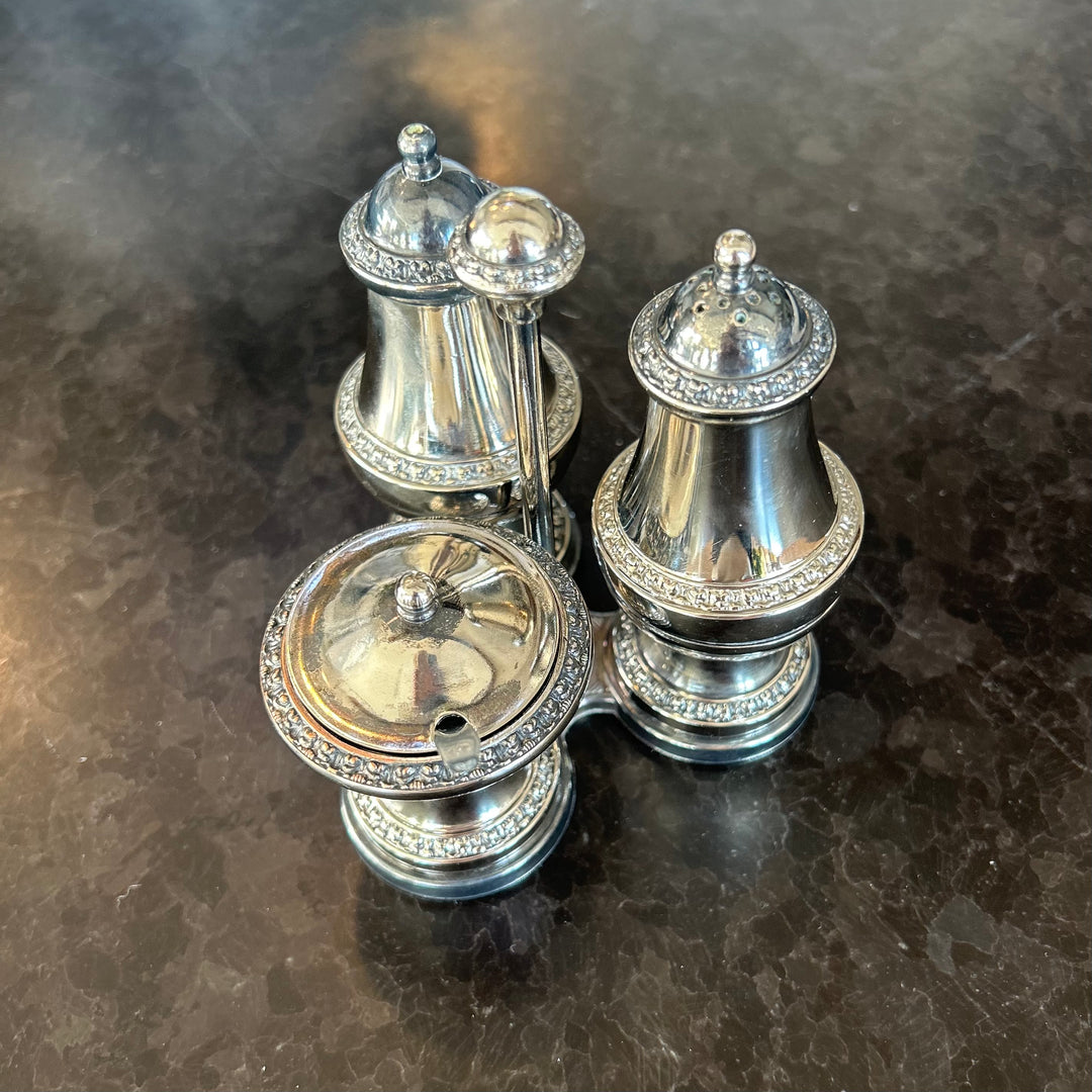 Vintage Ianthe silverplate condiment set